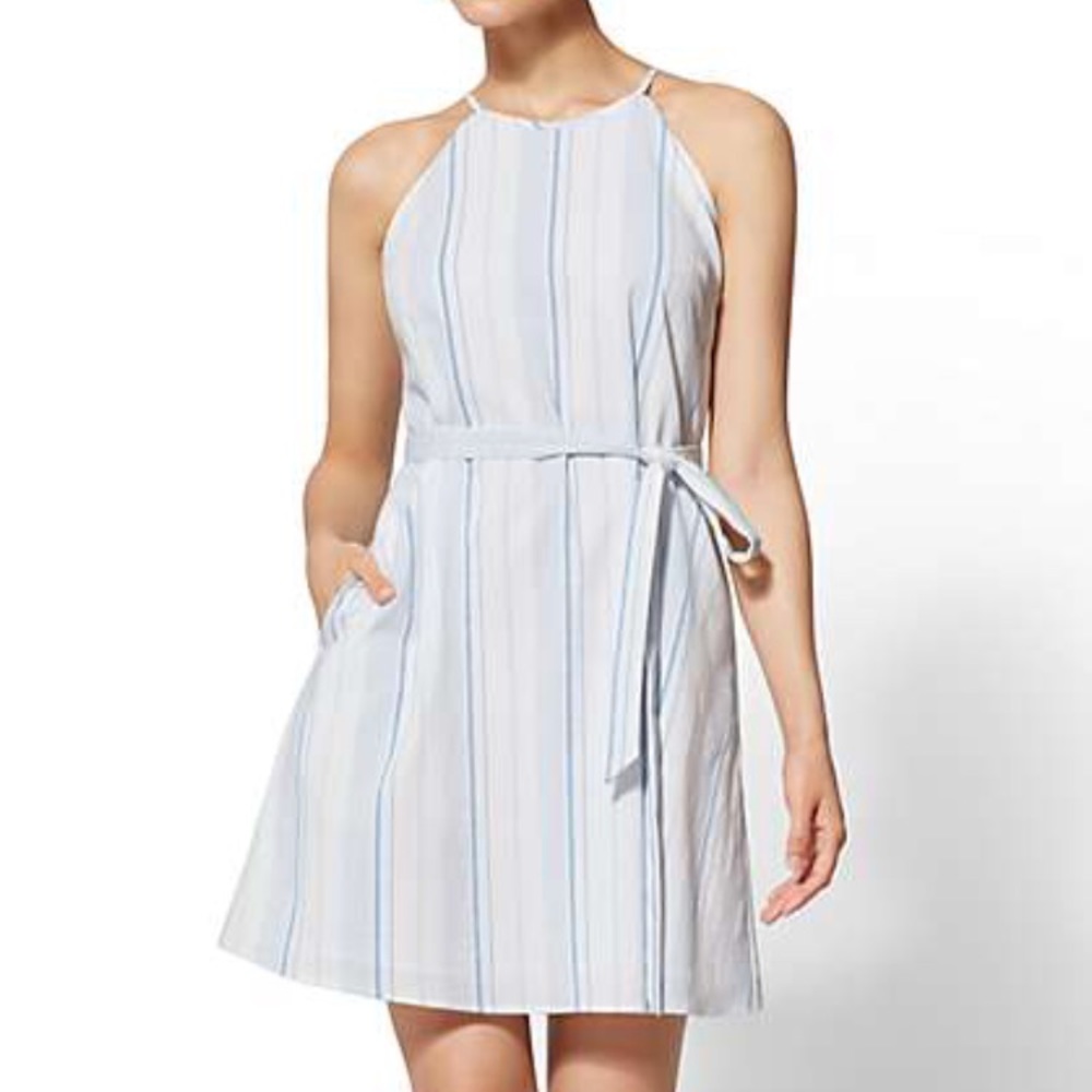 Blue striped halter shift dress